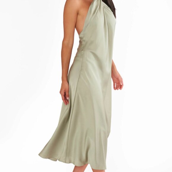 SHOW ME YOUR MUMU Jasmine Halter Midi Dress In Moss Green Luxe Satin - Picture 2 of 6